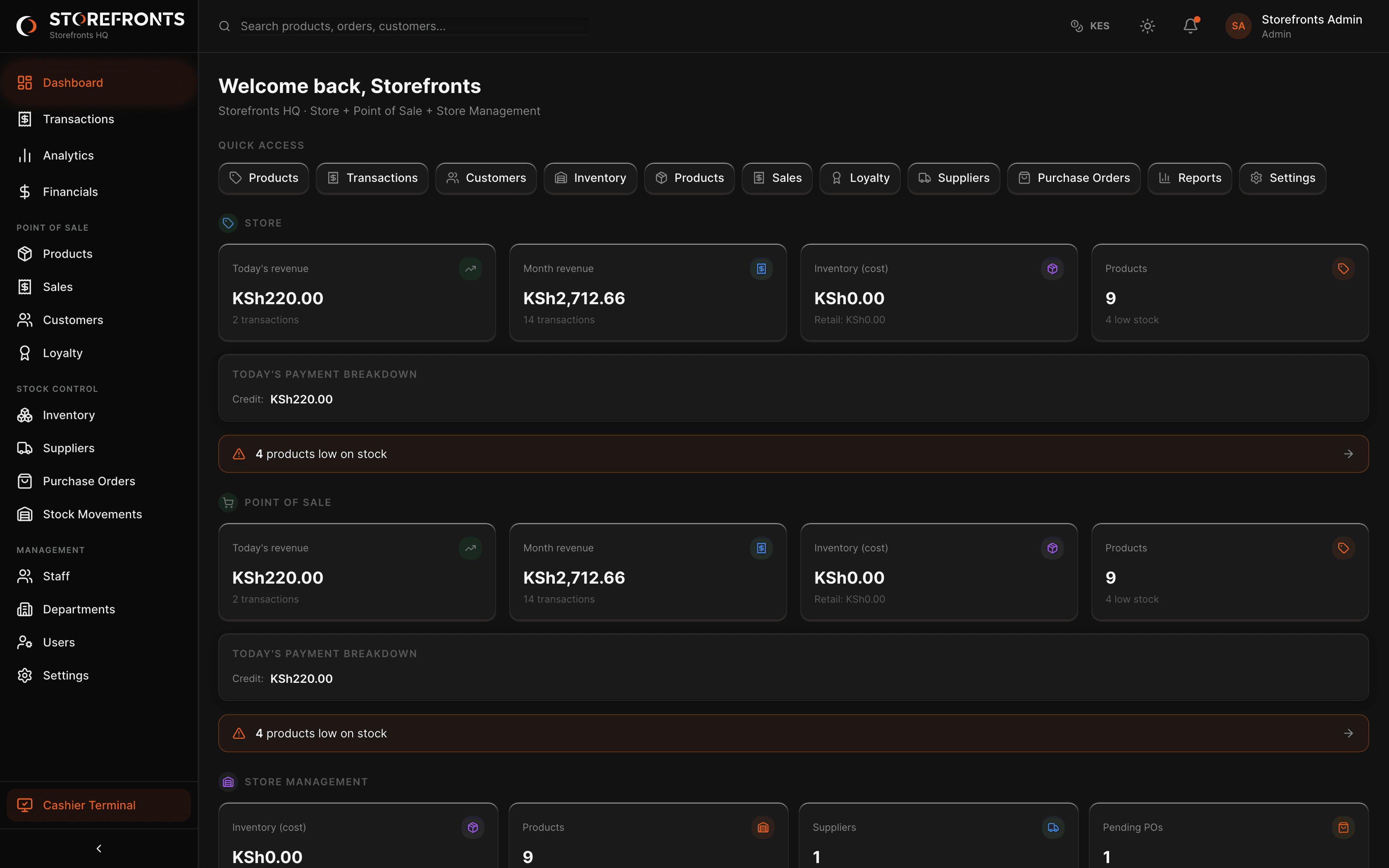 Storefronts POS admin dashboard