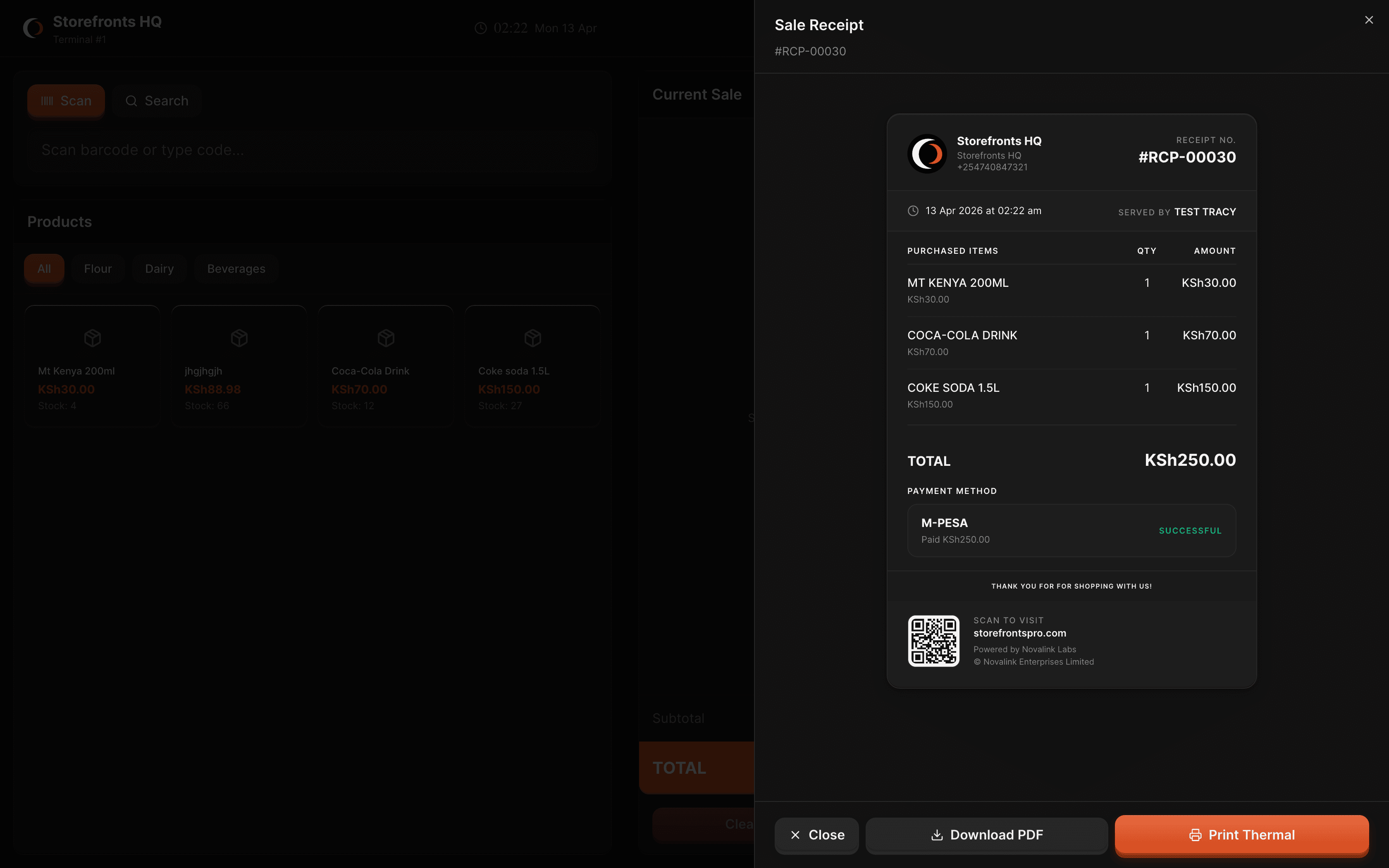 Storefronts POS thermal receipt preview
