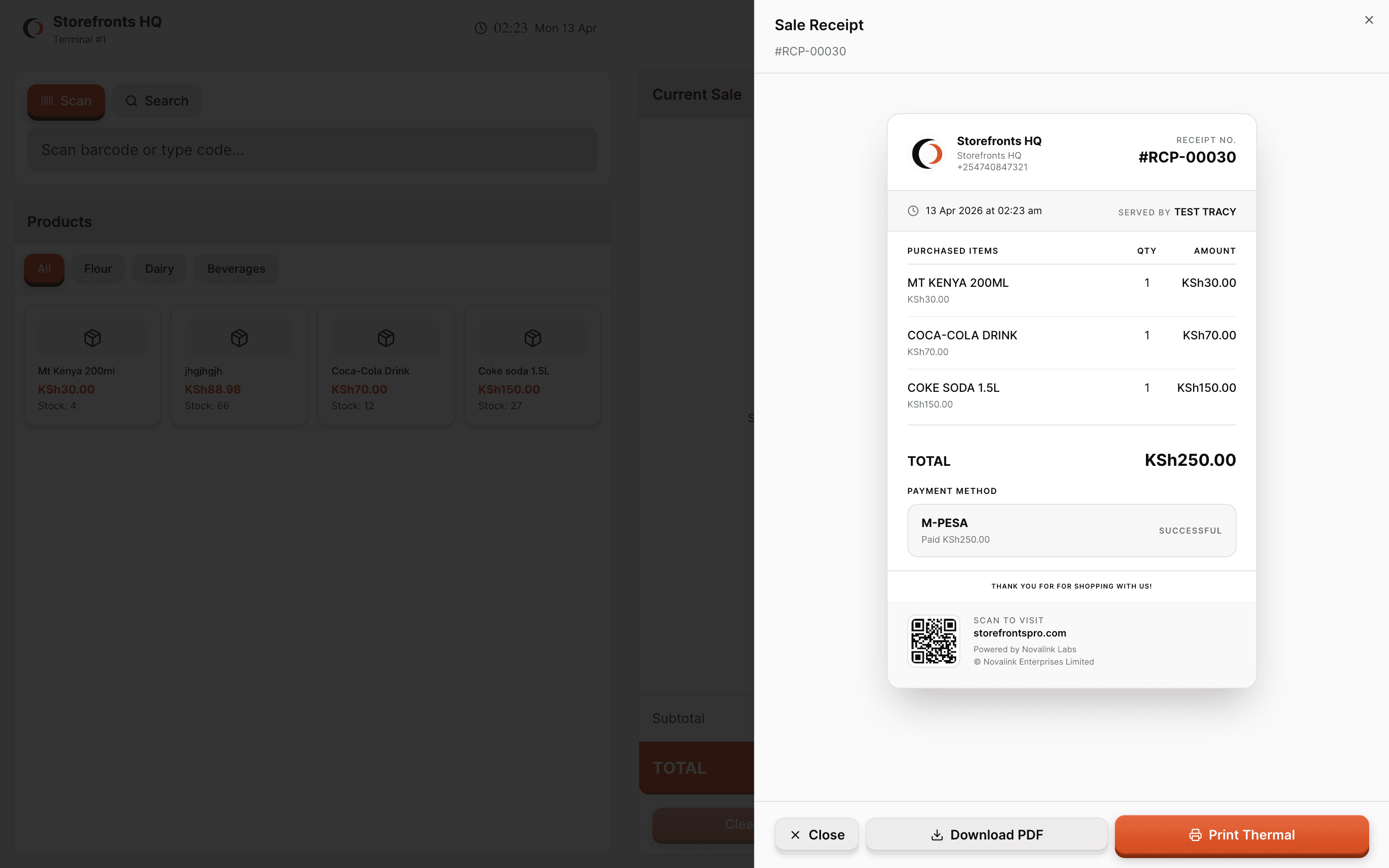 Storefronts POS thermal receipt preview