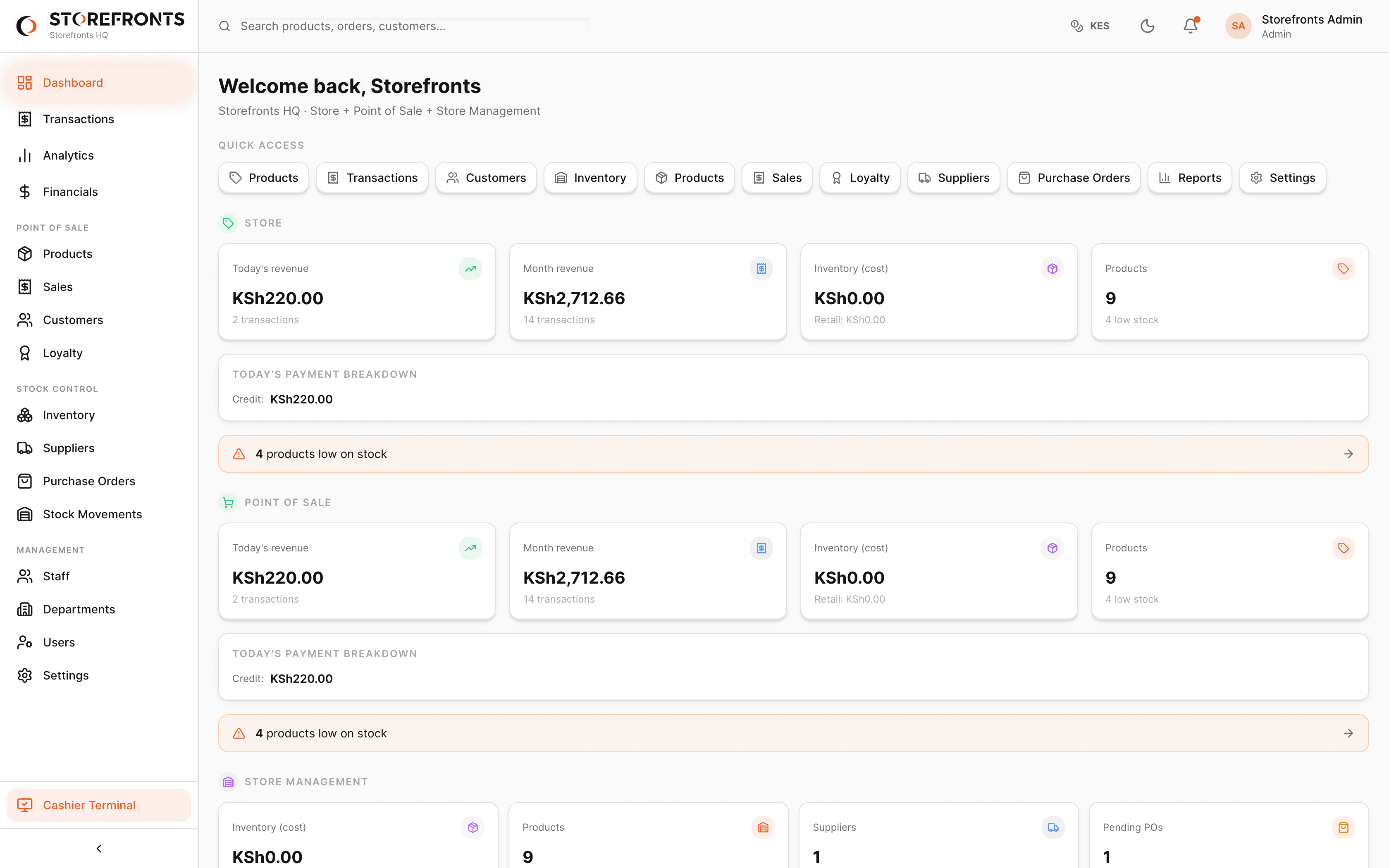 Storefronts POS admin dashboard